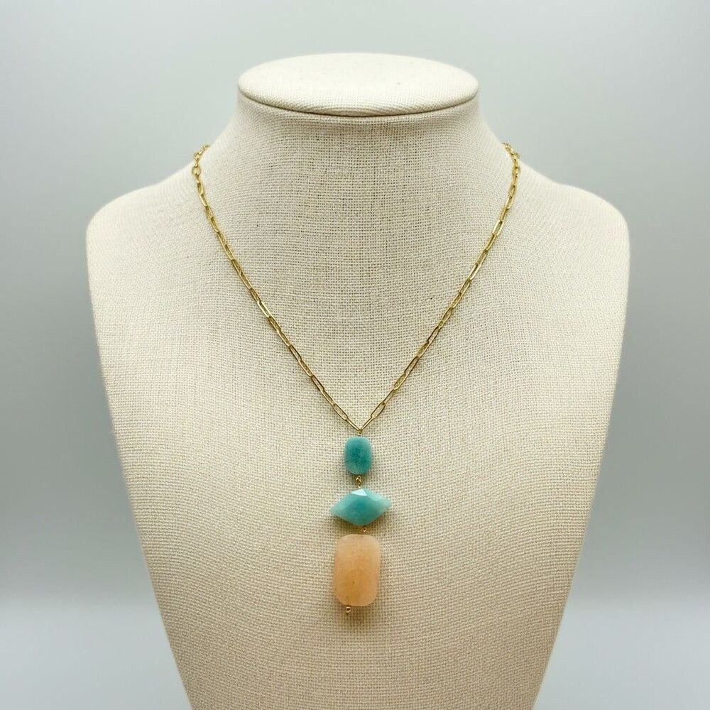 Boho Amazonite & Peach Quartz Pendant Necklace • Gold Tone Chain  Beautiful